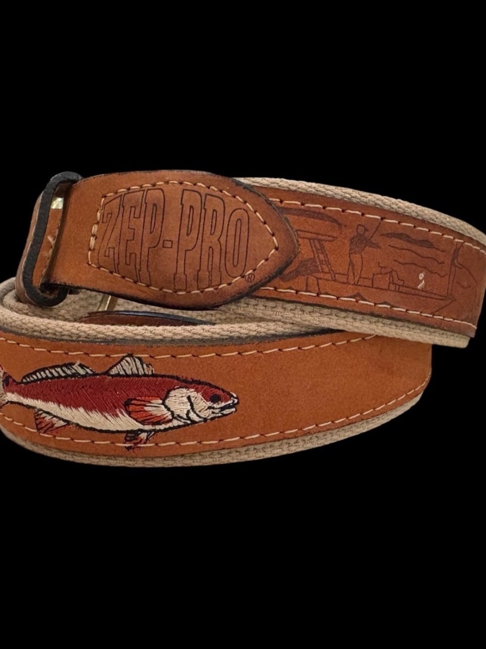 Zep-Pro Leather Belt Embroidered Fish Size 38 Made in USA Brass Buckle